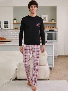 RueChic Men Plaid Printed Puzzle Printed Cotton Valentine's Day Couple Regular Homewear Set