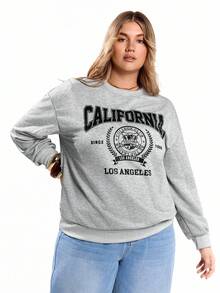 Solavibe Casual Minimalist Campus Style Back To School American Sports Graphic Loose Fit Round Neck Long Sleeve Sweatshirt For Plus Size Women - Light Grey - View 7