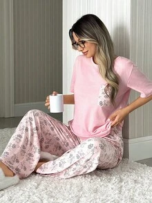 RueChic Women 2 Pcs Solid Colour Shirt With Pocket And Floral Pattern Sleep Bottom Homewear Pajama Set - Pink - View 5