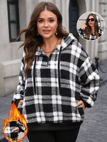 EMERY ROSE Plus Size Women's Fall Casual Fuzzy Plaid Hooded Thermal Zipper Neckline Sweatshirt With Pockets, Autumn/Winter, Going Out, 2025 New, Fall For Women, Plaid Sweatshirts For Women - Black and White - View 1