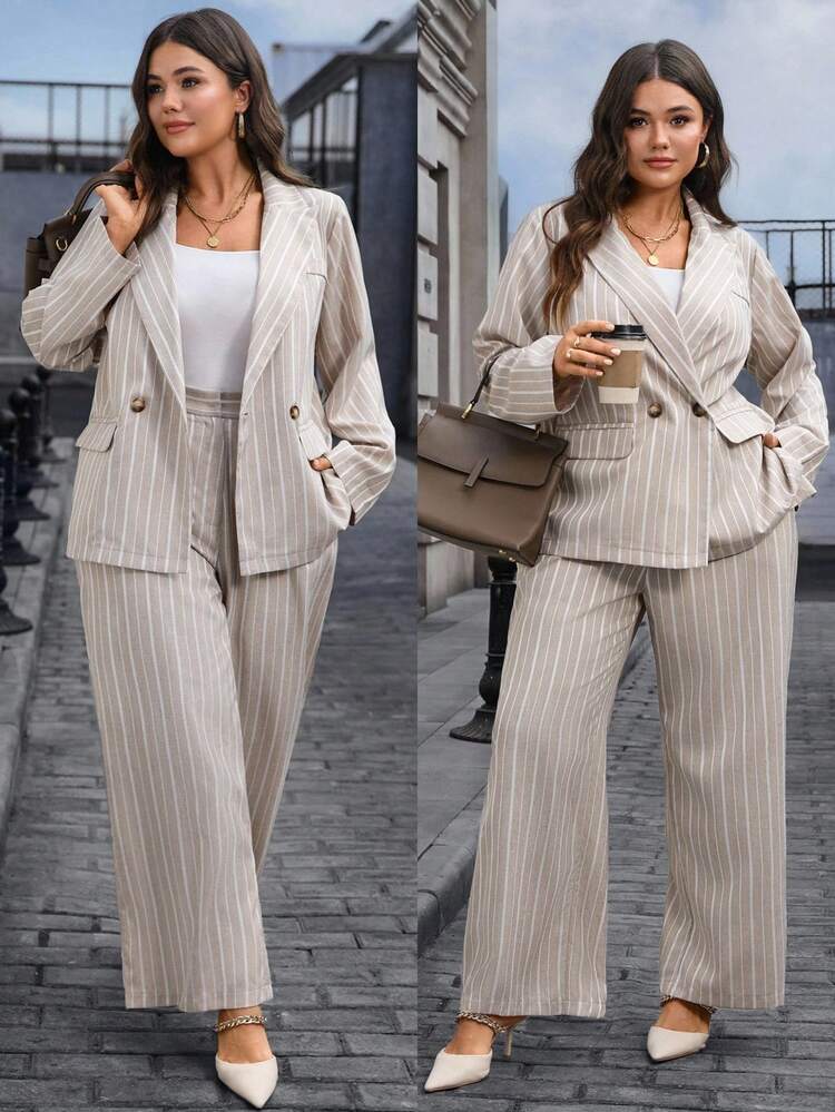 2 Pieces Set Plus Size Women's Elegant Casual Striped Suit Set  Blazer Coat And Pants Set, Autumn/Winter,Fall Women Clothes,Simple And Fashionable For Everyday Wear,Going Out Outfits,Teacher Outfits Plus Size,Fall Clothes For Women,Business Casual Woman,Office Outfits For Women,Work Clothes Women, Plus Size Pant Suit,Striped Pant Suit,2025 New Clothes