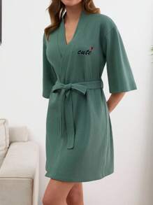 EURMUSE Women Waffle Fabric With Contrast Colour Love Embroidery Detail Homewear Robe - Mint Green - View 4