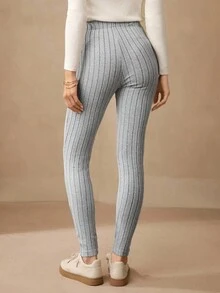 Wildy Tie Waist Ribbed Knit Bodycon Leggings - Grey - View 5