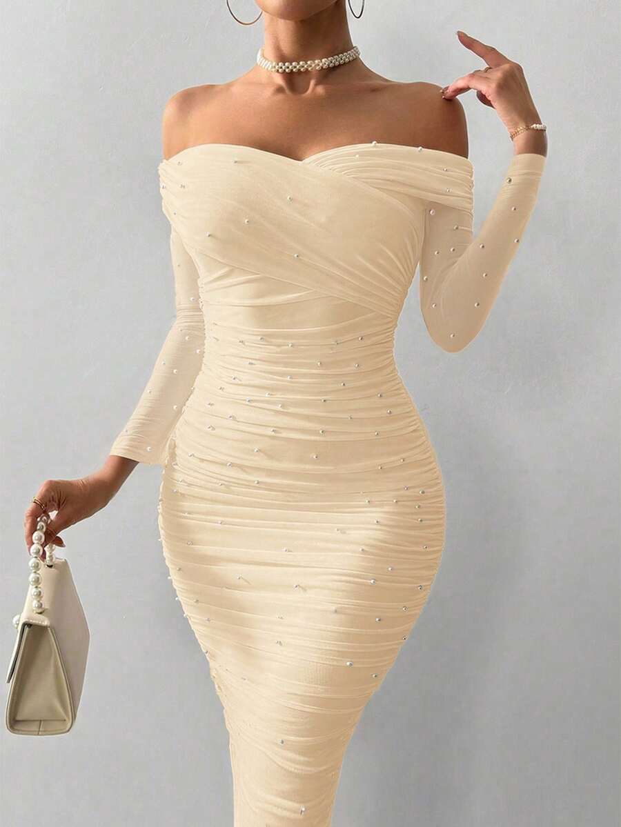 Firerie Đầm Maxi hở vai màu trắng thanh lịch trang trí ngọc trai giả nhún bèo ôm sát lãng mạn cho ngày lễ tình nhân