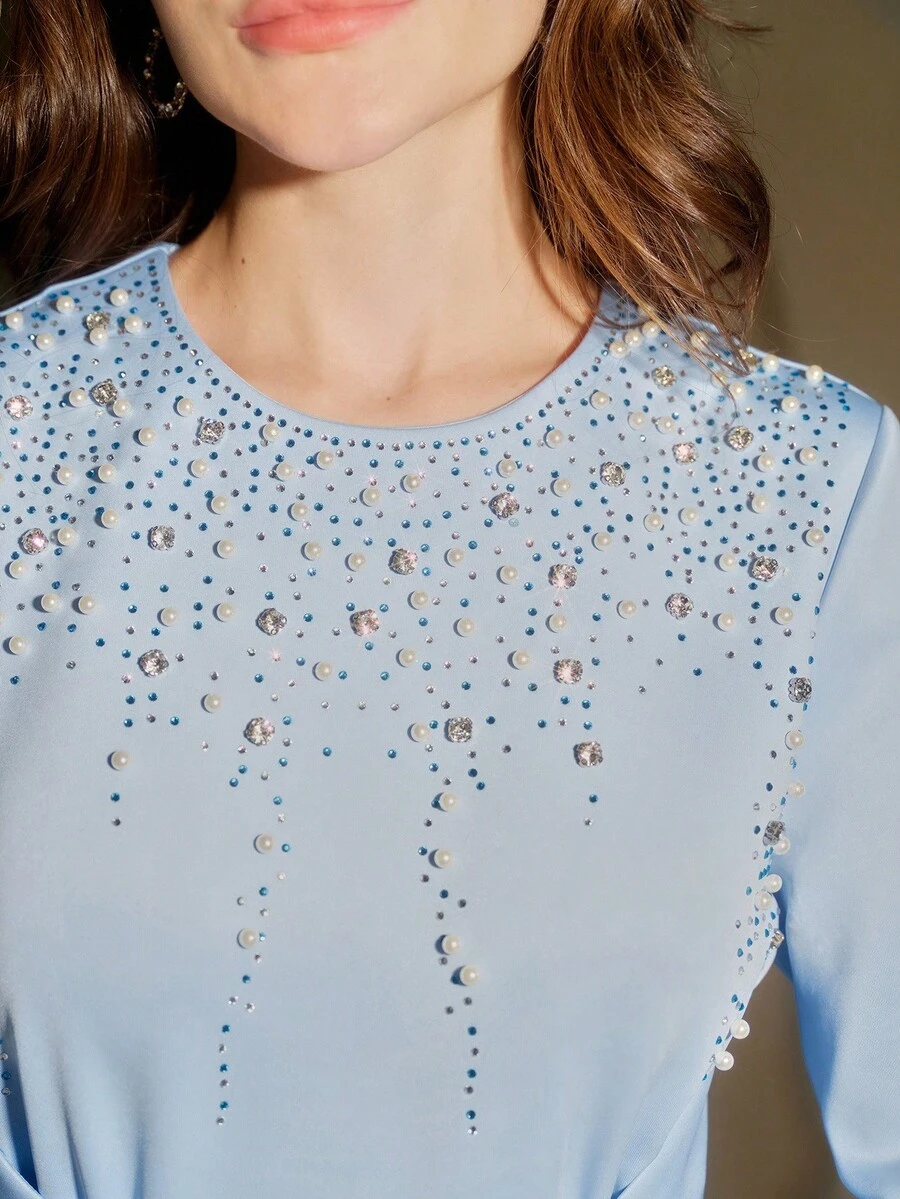 Anewsta Women's Elegant Round Neck Long Sleeve Printed Dress, Minimalist Design - Baby Blue - View 1