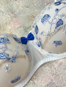 浪漫、清新、温柔、甜美刺绣花卉半罩杯钢圈文胸，可调节肩带，蝴蝶结装饰，海军蓝 - 藏蓝色 - 查看 5