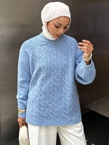 DAZY Women's Loose Fit Solid Color Crew Neck Cable Knit Sweater,Fall Women Clothes Modest Fashion - Blue - View 1