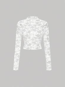 SHEIN MOD 女士两件套蕾丝透视长袖黑白上衣，秋冬女装，万圣节、派对、优雅、哥特、时尚，女士优雅透视花卉蕾丝长袖高领修身露脐上衣，时尚女士黑白薄纱蕾丝网纱高领长袖修身上衣，蕾丝长袖，黑白上衣 - 黑與白 - 查看 9