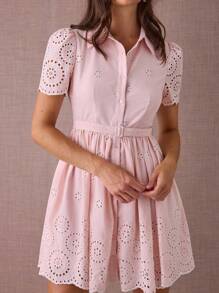 Enchnt Fall/Winter Romantic Women's Pastel Pink Floral Hollow Embroidered Short Sleeve Shirt Mini Dress With Belt,Sweet&Elegant For Vacation&Date&Holiday&Birthday&Party&Graduation&Wedding Guest&Office&Going Out&Halloween&Christmas,Autumn Dresses For Women,Fall Clothes For Women,Autumn Outfits For Women,Back To School - Pink - View 2