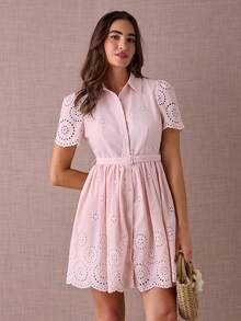 Enchnt Fall/Winter Romantic Women's Pastel Pink Floral Hollow Embroidered Short Sleeve Shirt Mini Dress With Belt,Sweet&Elegant For Vacation&Date&Holiday&Birthday&Party&Graduation&Wedding Guest&Office&Going Out&Halloween&Christmas,Autumn Dresses For Women,Fall Clothes For Women,Autumn Outfits For Women,Back To School - Pink - View 4