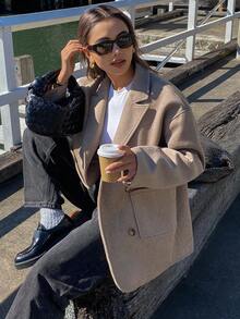 DAZY Women's Loose Mid-Length Overcoat, Autumn/Winter - Khaki - View 7