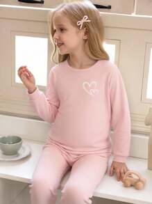 1 Set Young Girl Base Layer, Vibrant Pink Heart Print Soft Stretchy Fabric Long Sleeve Top And Pants Matching, Comfortable Fit And Easy Care (1 Set Sold Separately)