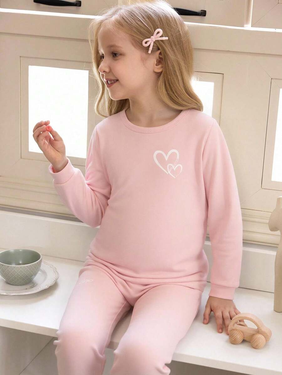 1 Set Young Girl Base Layer, Vibrant Pink Heart Print Soft Stretchy Fabric Long Sleeve Top And Pants Matching, Comfortable Fit And Easy Care (1 Set Sold Separately)
