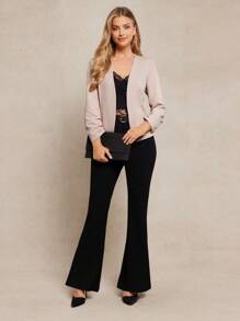 Amorya 女士优雅荷叶边百搭休闲提花针织卡其色夹克 女士服装 返校节演出服 女士返校节服装 女士办公室服装 教师服装 女士夜间外出教堂服装 女士早午餐服装 女士生日礼服 女士婚礼宾客礼服 秋冬女士服装