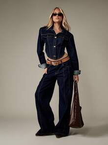 MISSGUIDED Jachetă de denim pentru femei, stil camioneta, scurtă, cu umeri, cu nasturi în față, spălare închisă, inspirată din stilul vintage, toamnă-iarnă - Albastru marin - Vizualizare 3