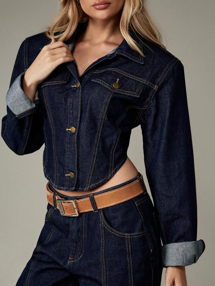 MISSGUIDED Women Denim Jacket Cropped Trucker Style With Shoulder Pads Western Fashion Button Front Dark Wash Vintage Inspired Fall Winter Outerwear