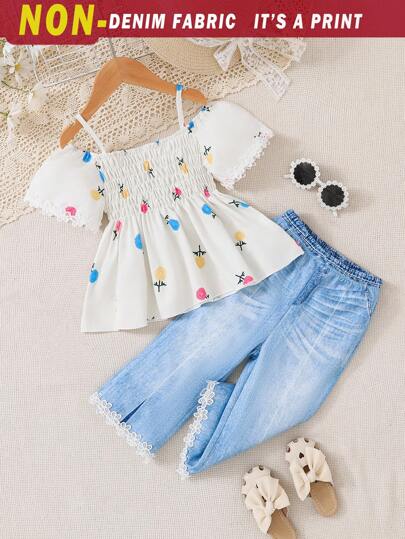 SHEIN 女童返校季两件套拼布上衣和印花裤套装