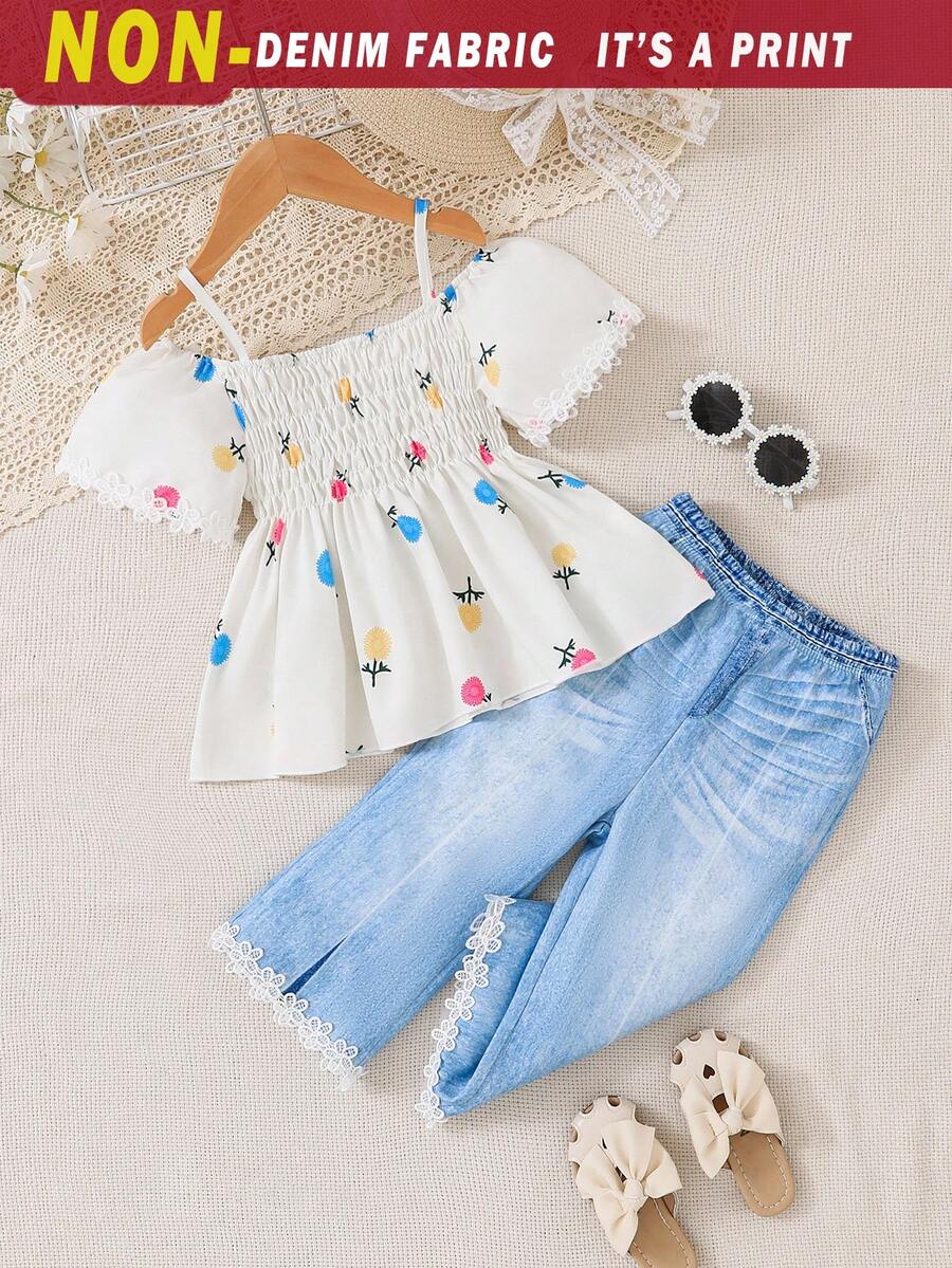 SHEIN 女童返校季两件套拼布上衣和印花裤套装 - 白色 - 查看 1