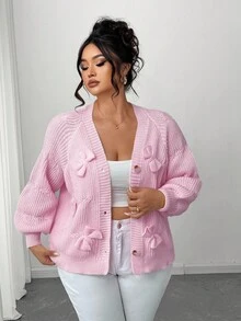 SHEIN CURVE+ 大码时尚休闲 V 领蝴蝶结女式宽松开衫，秋冬季外套上衣，粉色 - 粉色 - 查看 6