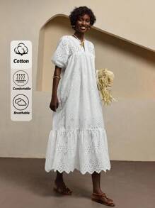 Bóhologie 女式 V 领度假烂花刺绣层叠荷叶边下摆泡泡袖迷你连衣裙