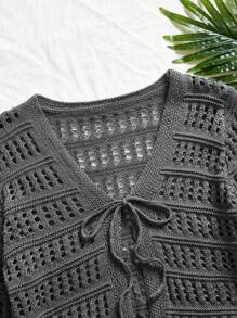 Travachic 女士休闲度假纯色镂空针织开衫，钩针开衫，灰色钩针上衣，休闲女装风格，秋季女装，时尚秋季，外出，优雅，针织上衣，钩针毛衣