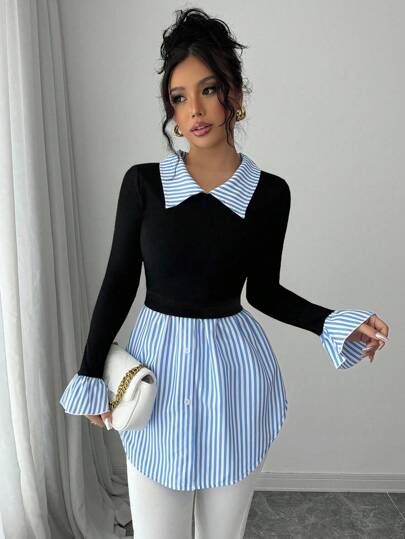 Selianne 女士条纹领长袖针织拼布衬衫