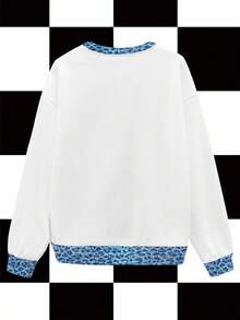 Shutterstock White Patchwork Tiger Animal Print Leopard Denim Texture Dark Street Chic Y2K Casual Women Pullover Sweatshirt, Suitable For Autumn/Winter, Party, Daily Wear Tiger Sweatshirts Graphic Sweatshirts Animal Print Sweatshirts Blue And Blue And White Sweatshirts - White - View 2