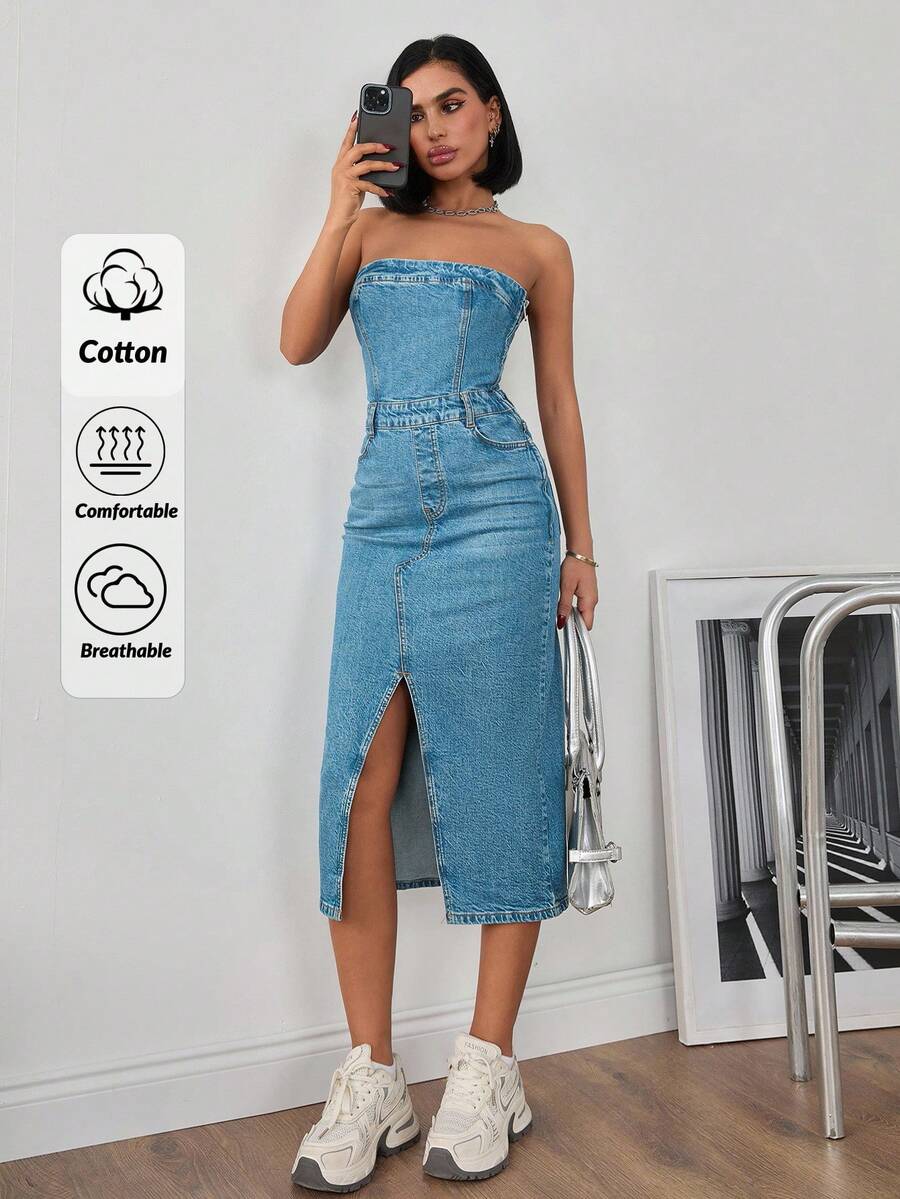 CasuGlow DŁUGA SPÓDNICA Z ROZCIĘCIEM Z PRZODU PROSTA MODA CODZIENNA LUŹNA - Średni jeans - Zobacz 1