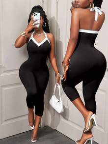 BamGleam 女式撞色露背吊带连体裤 - 黑與白 - 查看 1