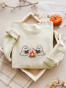 INAWLY Plus Size Halloween Pattern Casual Sweatshirt, Halloween Gift Fall Cloth For Women - Apricot - View 1