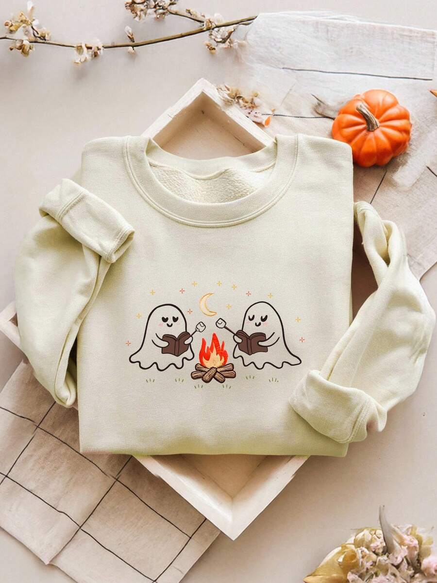 INAWLY Plus Size Halloween Pattern Casual Sweatshirt, Halloween Gift Fall Cloth For Women - Apricot - View 1