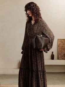 Revavyn Váy Maxi Chiffon Họa Tiết Hoa Tay Phồng Phong Cách Bohemian, Thời Trang Đi Làm - Đỏ - Xem 7