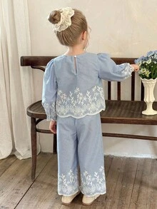 LMoss Kids 2件套少女碎花梭织衬衫和宽松休闲裤套装 - 藍白色 - 查看 2