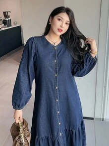 Dazy Plus 深洗蓝半开领灯笼袖宽松长款牛仔连衣裙，秋季