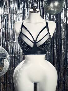 SHEIN 1 pieza Sujetador inalámbrico con decoración de strass coloridos para tallas grandes con espalda descubierta - Negro - Ver 6