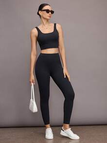 Activina 纯色扭纹后背短款运动背心 - 黑色 - 查看 4