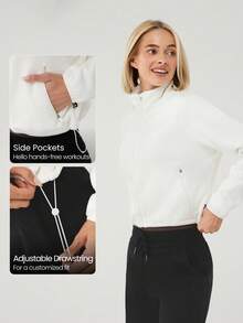 GLOWMODE Thin Polar Fleece Loose-Fit Cropped Drawstring Long Sleeve Jacket - Beige - View 5