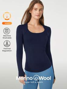 GLOWMODE Merino Wool Envelope Collar Long-Sleeve Tee - Navy Blue - View 1
