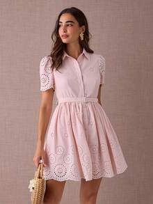 Enchnt Fall/Winter Romantic Women's Pastel Pink Floral Hollow Embroidered Short Sleeve Shirt Mini Dress With Belt,Sweet&Elegant For Vacation&Date&Holiday&Birthday&Party&Graduation&Wedding Guest&Office&Going Out&Halloween&Christmas,Autumn Dresses For Women,Fall Clothes For Women,Autumn Outfits For Women,Back To School - Pink - View 1