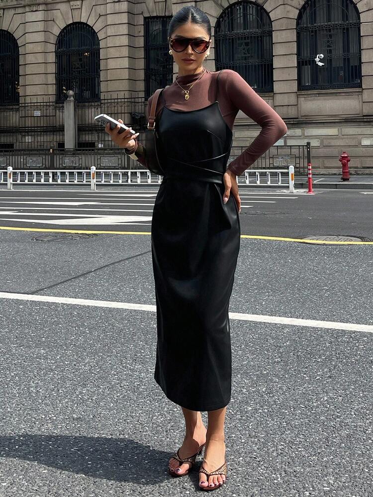 Women's Solid Color PU Leather Criss-Cross Waist Design Elegant Midi Slip Dress