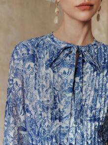 EMERY ROSE Váy Lyocell Linen Ditsy Floral cổ tròn tay dài thắt eo cho nữ - Màu xanh lam - Xem 2