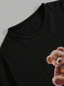 EURMUSE Męski T-shirt z krótkim rękawem i krótkim rękawem z nadrukiem niedźwiedzia oraz krótki zestaw do wypoczynku - Brązowy - Zobacz 5