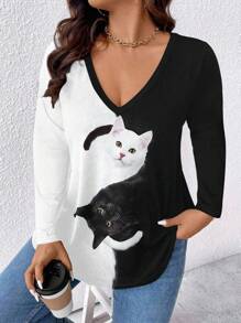 EMERY ROSE Plus Size Black & White Cat Print V-Neck Long Sleeve T-Shirt Fall Cloth For Women - Multicolor - View 5
