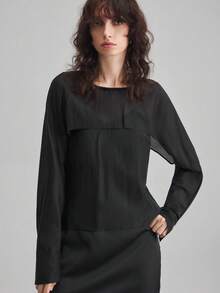 Ontre 2pcs Women's Chic Plain Black Autumn Office Lady Business Casual Outfit,Retro 2000s Solid Color Long Sleeve Top And Pants Transitional Clothing - Black - View 1