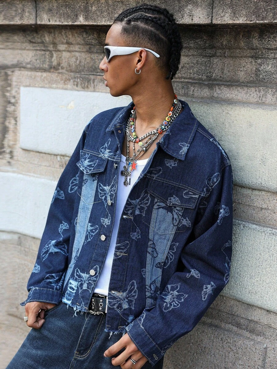 PAVTROS 男士宽松牛仔夹克，白色蝴蝶提花面料，做旧下摆和破洞设计，复古浪漫风格，春秋季 - 藍色 - 查看 1