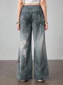 ROMWE J-Fashion Y2K 复古蝴蝶蕾丝印花女式低腰牛仔裤 - 藍色 - 查看 3