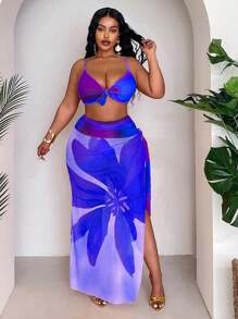 Slaydiva Plus Size Women 3pcs Set Ombre Gradient Print Fashion Minimalist Sexy Placement Print A-Line Skirt High Waist Panty Casual Stylish Vacation Split Bikini Set For Summer - Blue - View 4