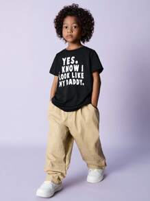 SHEIN Leap Crew Young Boy Fashionable Printed Simple T-Shirt With Shoulder Label And Slogan Design Kids Tees - Black - View 3