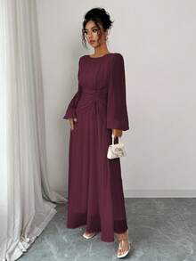 Elenzga Women's Spring/Summer French Romantic Sicily Elegant Casual Commute Vacation Afternoon Tea Party Round Neck Ruched Waist Drawstring A-Line Elastic Waist Long Sleeve Maxi Dress Fall Cloth For Women - Maroon - View 3