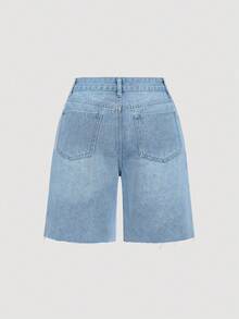 Sweetra Heart Shaped Stud & Faux Pearl Decor Women Frayed Hem Casual Denim Shorts - Light Wash - View 2
